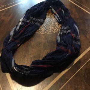 Navy blue and red plaid infinity scarf